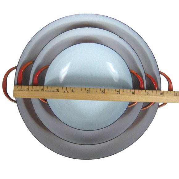 Set of 3 MCM Enamel Nesting Sauté Pans Orange Mid Century Modern CHIPS - Picture 2 of 13